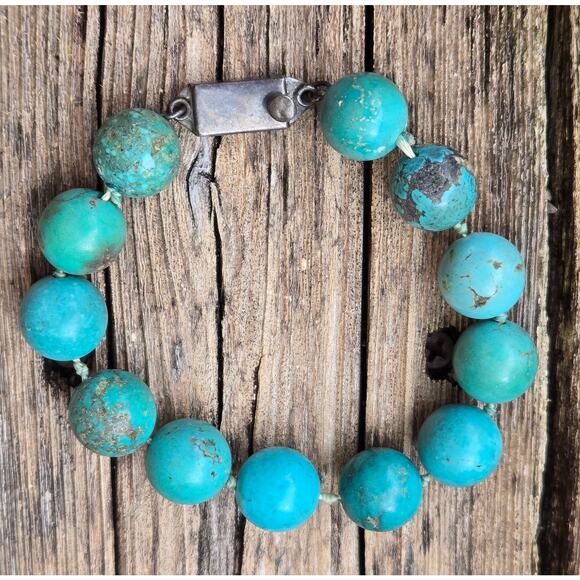 Vintage Mexico 925 Turquoise Beaded Bracelet with Sterling Silver Clasp, 8.5" - Picture 1 of 8